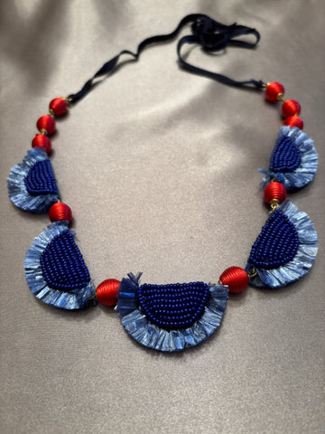 J. Crew Navy Blue Red Raffia Statement Necklace