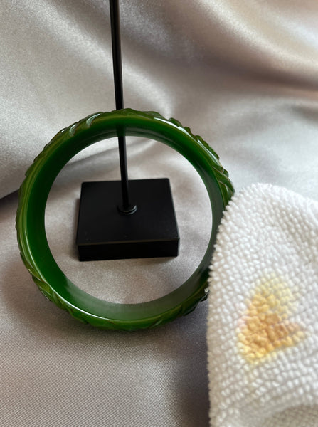 Green Carved Rose Bakelite Bracelet