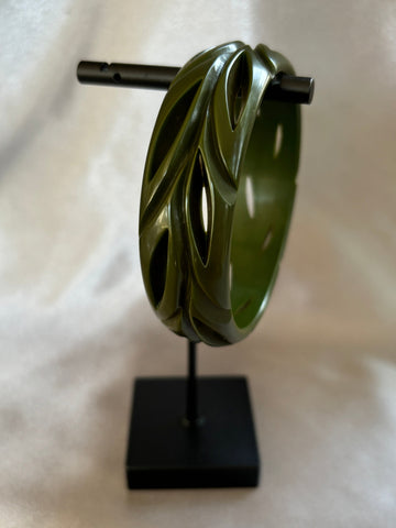 Forest Green Carved Bakelite Bracelet with Holes