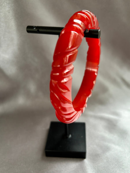 Thin Deep Red Swirl Carved Bakelite Bracelet