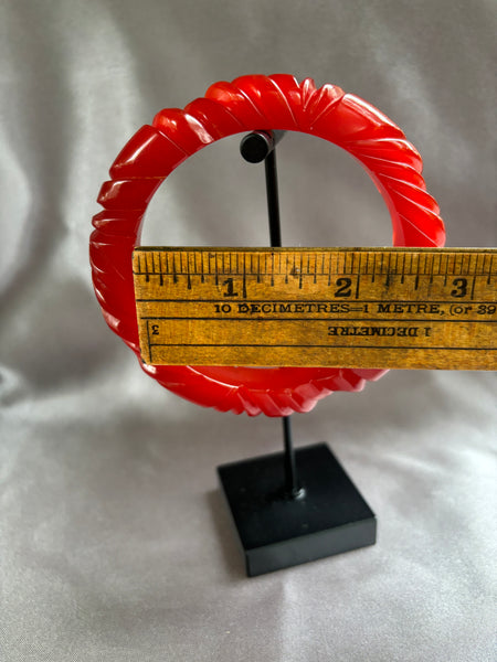 Thin Deep Red Swirl Carved Bakelite Bracelet