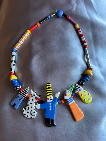 Ruby Z Clowns with Dog Ceramic Necklace