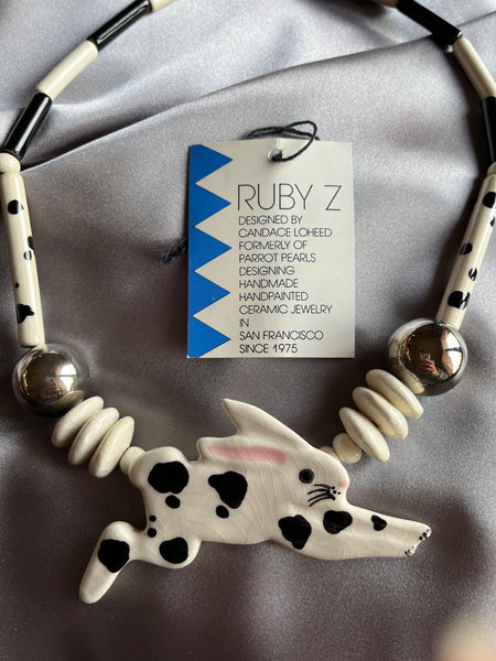 Ruby Z Black and White Bunny Ceramic Necklace