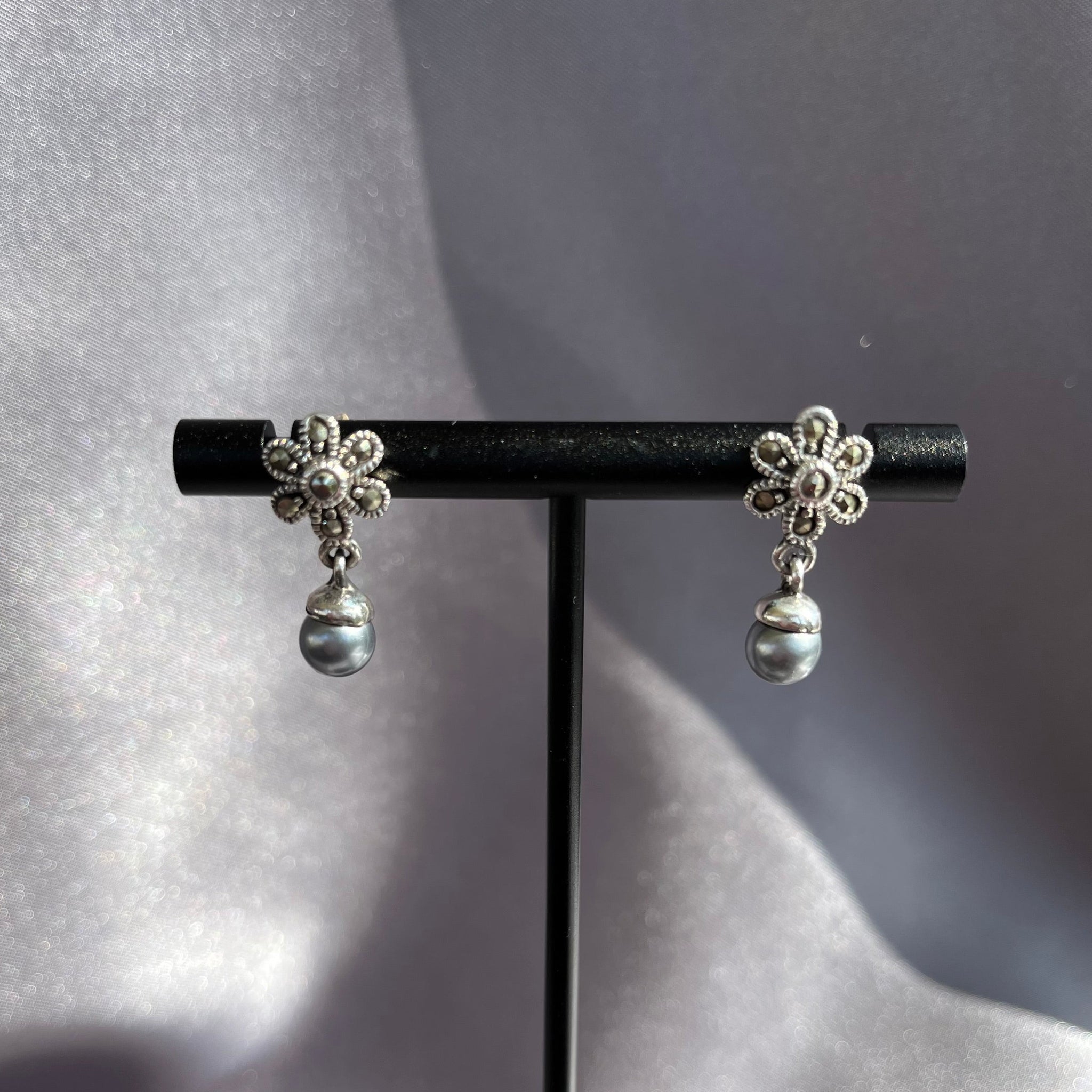 Sterling Silver Marcasite Flower with Grey Pearl Earrings