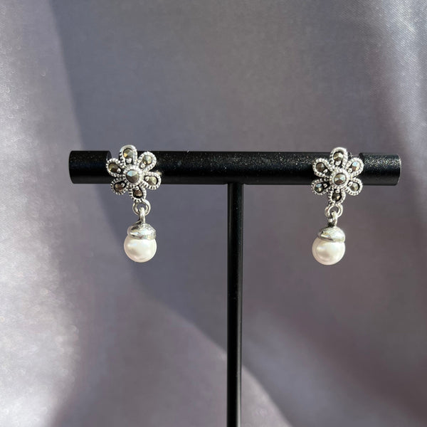 Sterling Silver Marcasite Flower with White Pearl Earrings