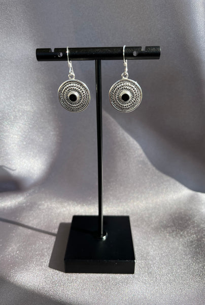 Sterling Silver Synthetic Black Onyx Bali Style Earrings