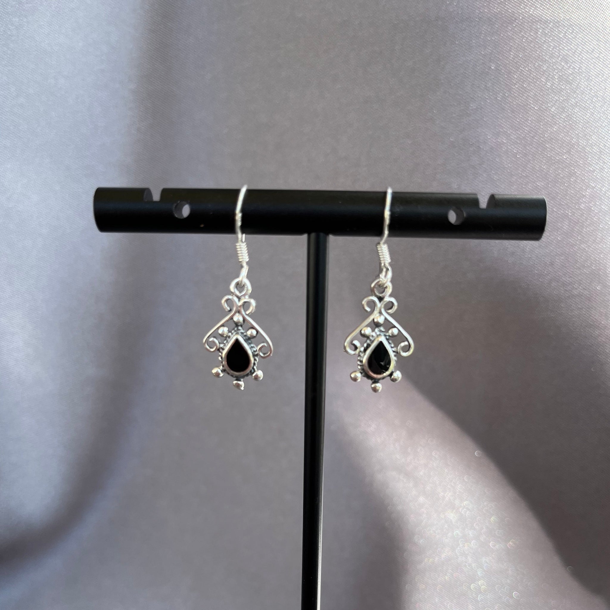 Sterling Silver Synthetic Black Onyx Bali Style Earrings