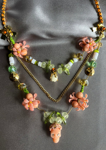 Betsey Johnson peach skull flowers green and white beads necklace