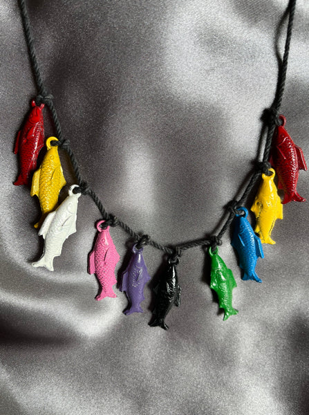N-028 Vintage Cracker Jill Multi-Colored Fish Necklace