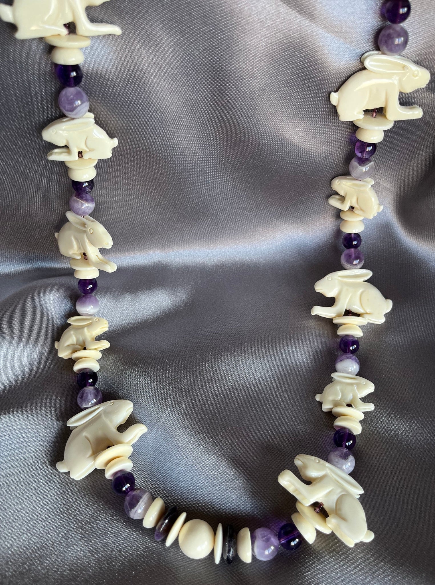 Bone Carved Rabbits with Amethyst Necklace