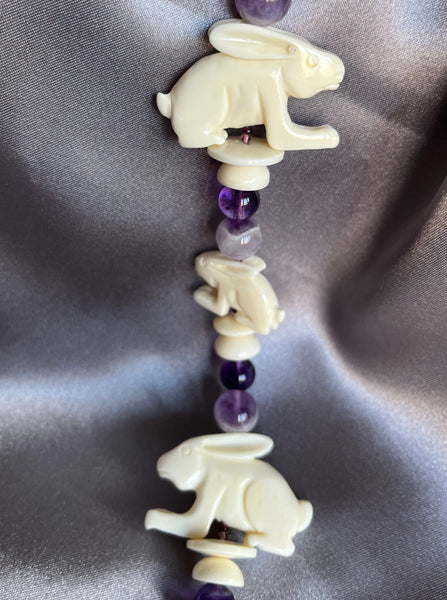Bone Carved Rabbits with Amethyst Necklace